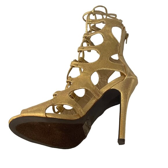 Gold Lace-Up Gladiator Stiletto Sandals – Metallic Cutout • Statement Heel - Picture 8 of 8